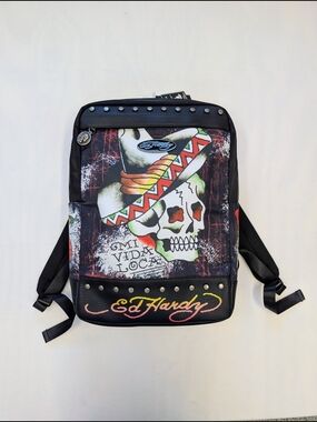 Ed Hardy Black Skull Graphic Backpack with Colorful Accents